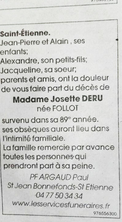 Décès J. deru